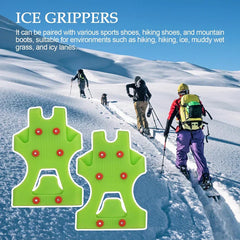 Two green ice cleats crampons displayed over a photo of hikers with trekking poles ascending a snow-covered mountain slope.