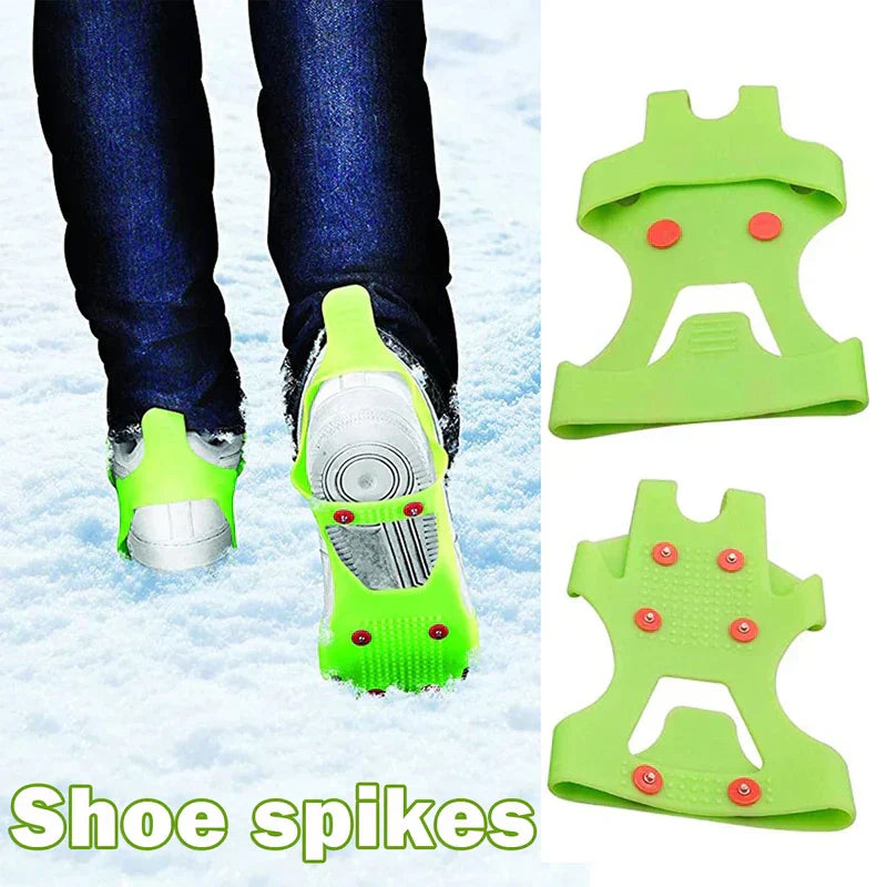 Person wearing green shoe spikes on snowy ground, with separate front and underside views of the ice cleats crampons displayed alongside.