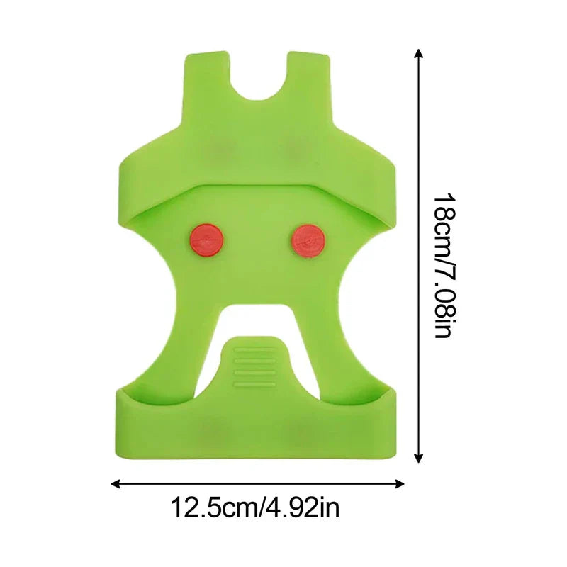 Front view of bright green ice cleats crampons with two red studs, with length and width dimension labels in cm and inches.