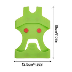 Front view of bright green ice cleats crampons with two red studs, with length and width dimension labels in cm and inches.