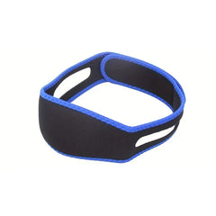 Chin Strap - Black neoprene jaw support band with blue trim, front angle view