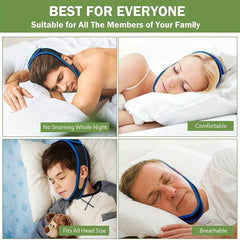 Chin Strap - Four people of different ages and genders sleeping while wearing blue-edged anti-snoring chin straps
