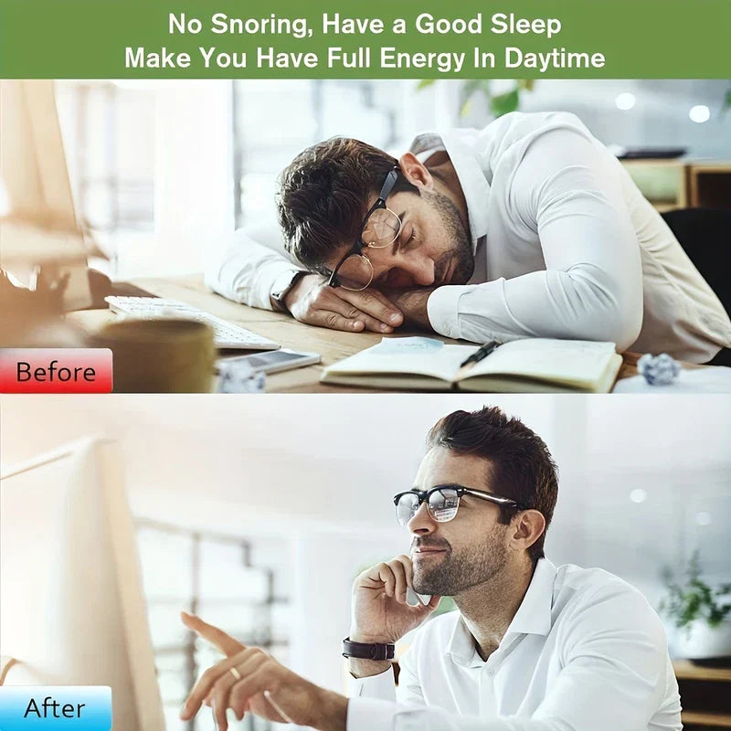 Chin Strap - Before/after comparison: a man asleep at a desk (top), the same man alert while working at a desk (bottom)