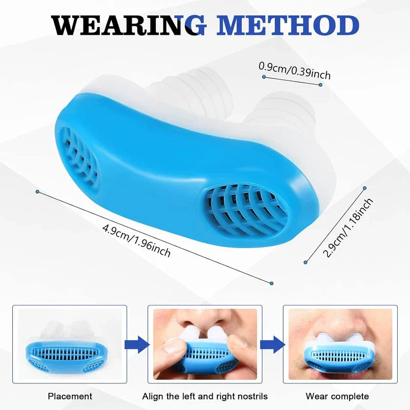 Nose Vents Dilators - Diagram of a blue and white nasal device with dimension labels, plus three steps showing how to insert it into nostrils.