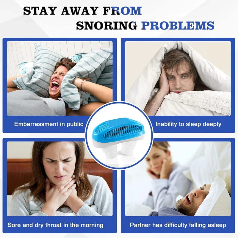 Nose Vents Dilators - Four panel infographic about snoring problems, with a blue nasal anti-snoring device shown in the center circle.