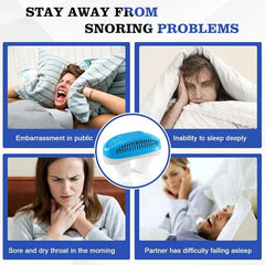 Nose Vents Dilators - Four panel infographic about snoring problems, with a blue nasal anti-snoring device shown in the center circle.