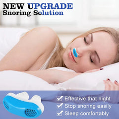 Nose Vents Dilators - Woman sleeping with a blue nose device on her nose, with product text and a product illustration below