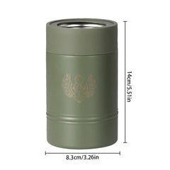 portavasos aislante para latas con base antideslizante - recipiente cilíndrico verde oliva con emblema de escarabajo alado dorado, borde metálico interior, altura 14 cm, ancho 8,3 cm