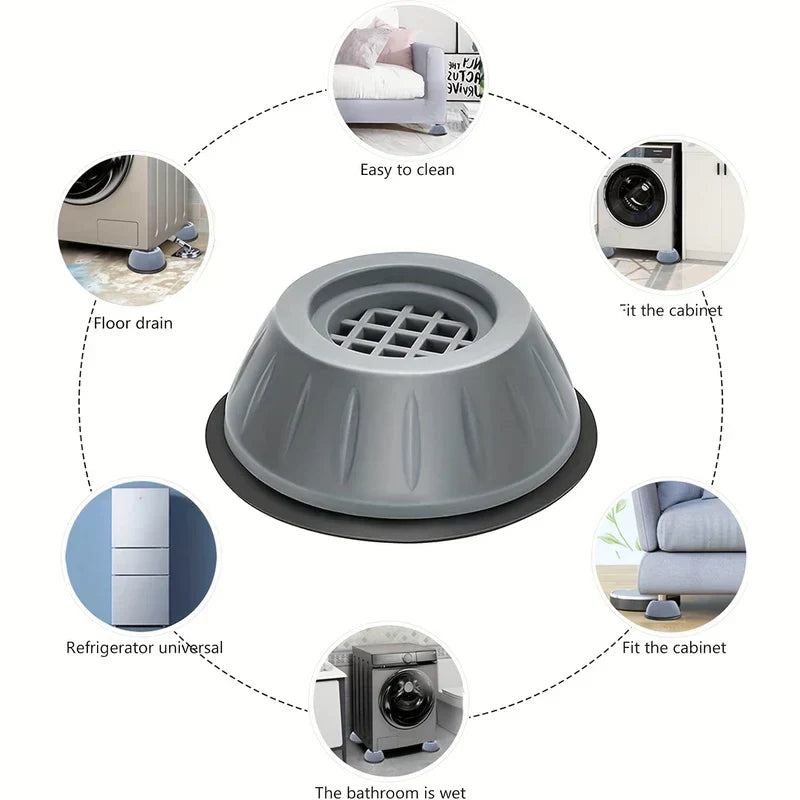 Washing Machine Feet - Gray anti-vibration pad with multi-appliance use case infographic