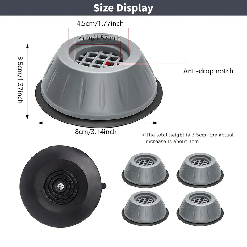 Washing Machine Feet - Diagram showing size measurements of a gray appliance foot pad, plus views of the pad's black base and a set of four pads.