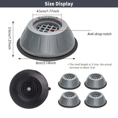 Washing Machine Feet - Diagram showing size measurements of a gray appliance foot pad, plus views of the pad's black base and a set of four pads.