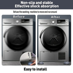 Washing Machine Feet - Before and after comparison of a shaking washing machine, with an inset showing a hand placing a foot pad under the appliance.