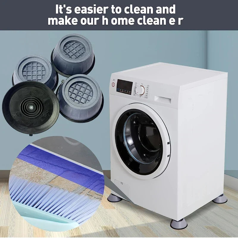 Washing Machine Feet - A set of gray and black appliance foot pads, and a front-load washing machine resting on the pads above a wood-pattern floor.