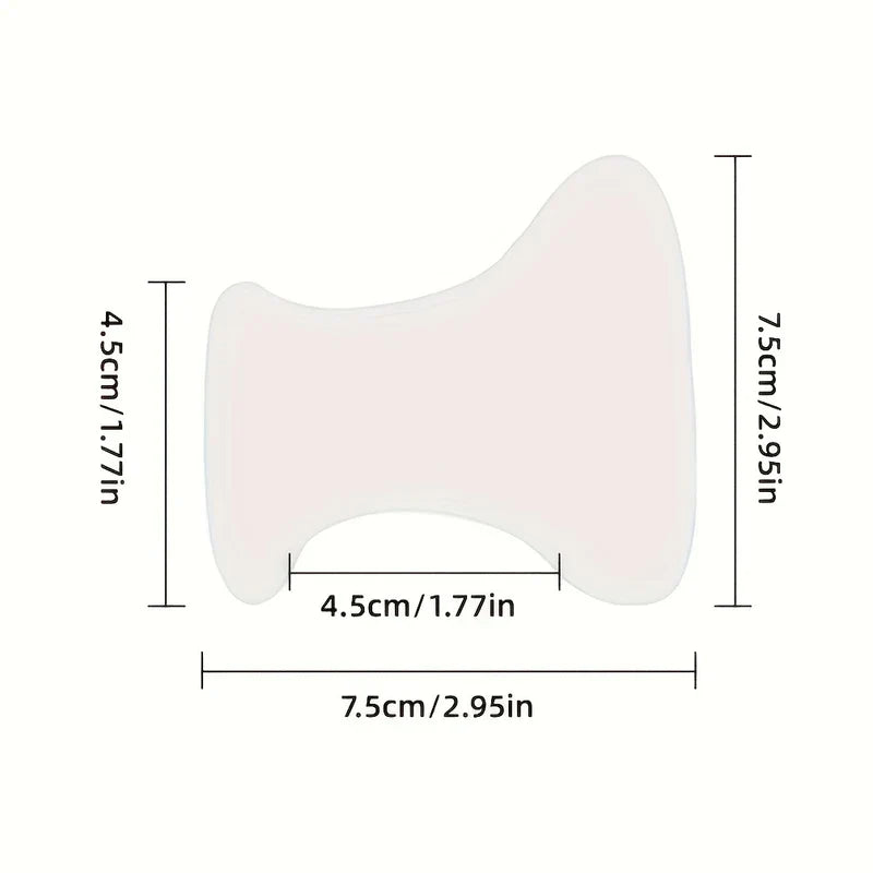 Frown Line Patches - Diagram of a bone-shaped eye lifting patch with measurement labels: 4.5cm/1.77in for short dimensions, 7.5cm/2.95in for long dimensions, on off-white background.