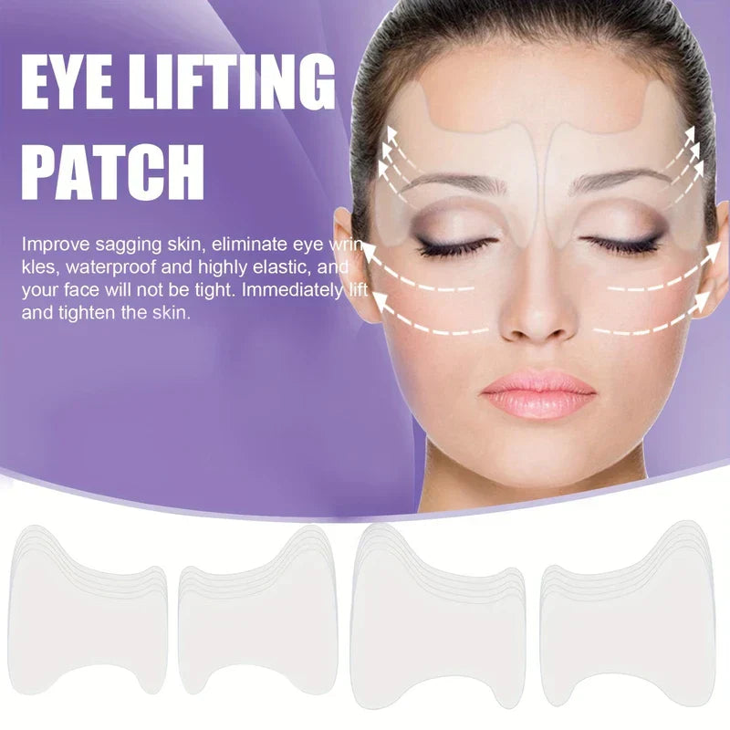 Frown Line Patches - Graphic showing eye lifting patch placement on woman's face, with dashed arrows indicating lift directions and four patches displayed below.