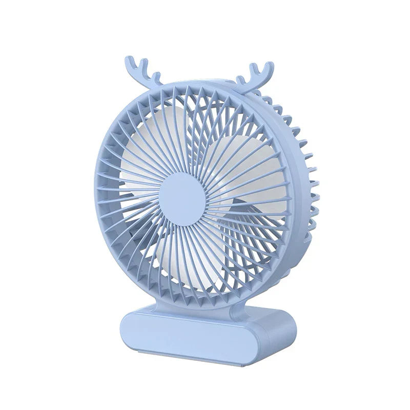 Light blue deer-antler usb desktop fan on plain white background