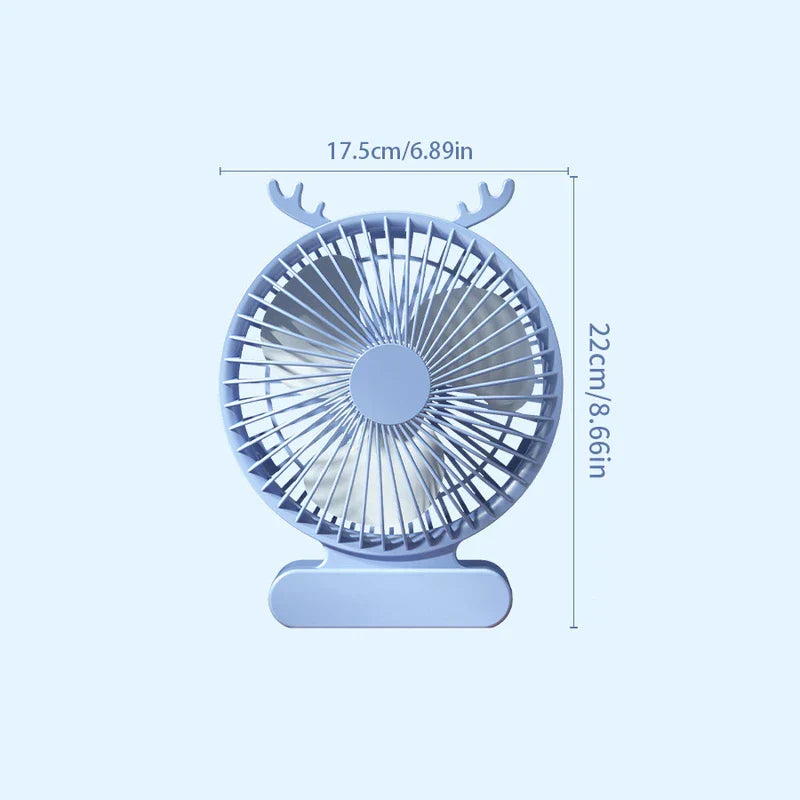 Light blue antler-decorated usb desktop fan with 17.5cm width and 22cm height dimension labels on a pale blue background