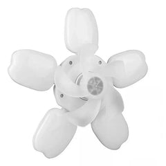 Close-up view of white fan blades and a flower-shaped white LED light panel, bottom angle.