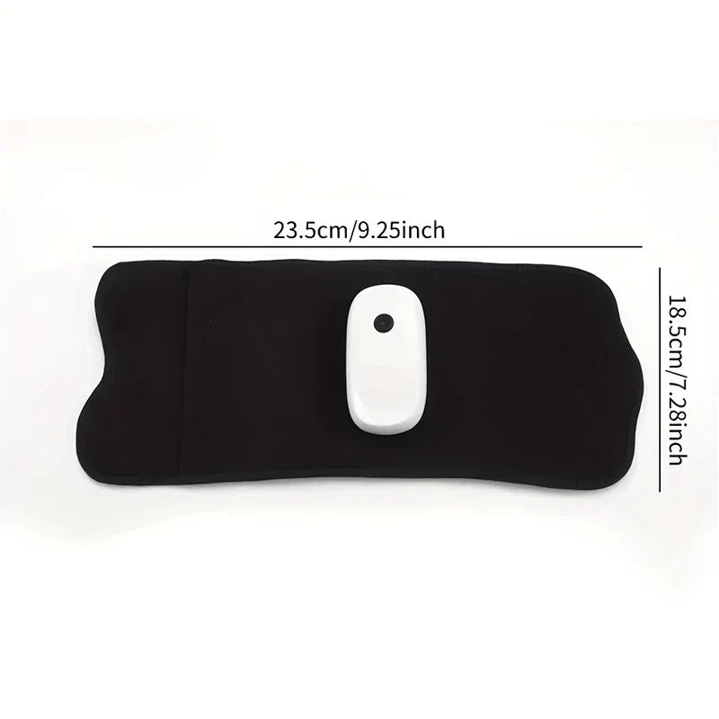 Compression Massager - flat lay of massage wrap with length and width dimension labels in cm and inches