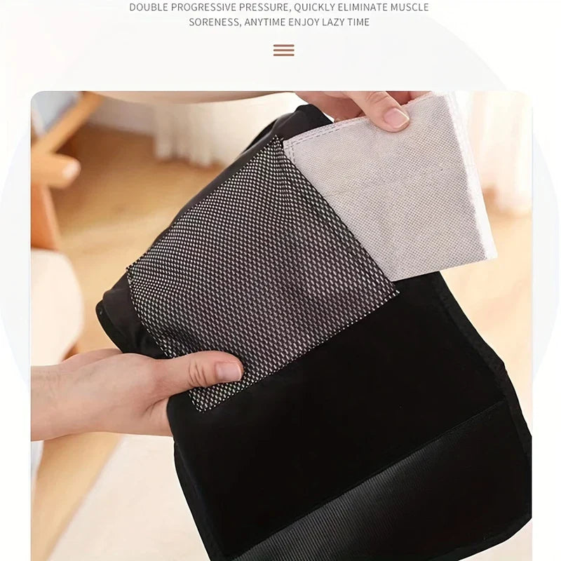 Compression Massager - Black fabric wrap with mesh and light insert, held by hands, with top text reading DOUBLE PROGRESSIVE PRESSURE...