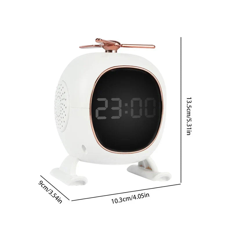 White helicopter-shaped digital clock with rose gold accents, with size dimensions labeled.