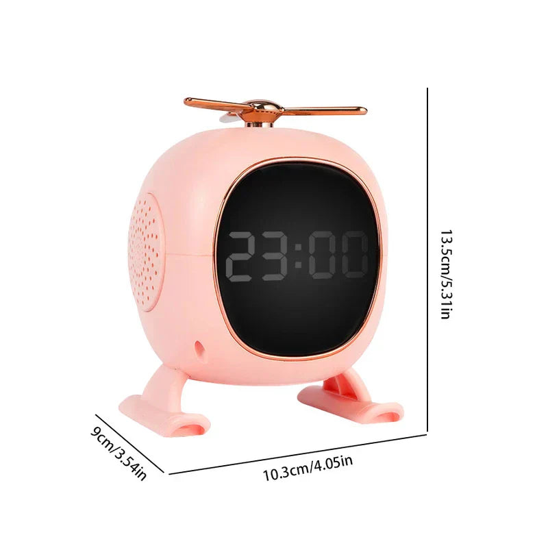 Pink helicopter-shaped digital clock with rose gold accents, with size dimensions labeled.