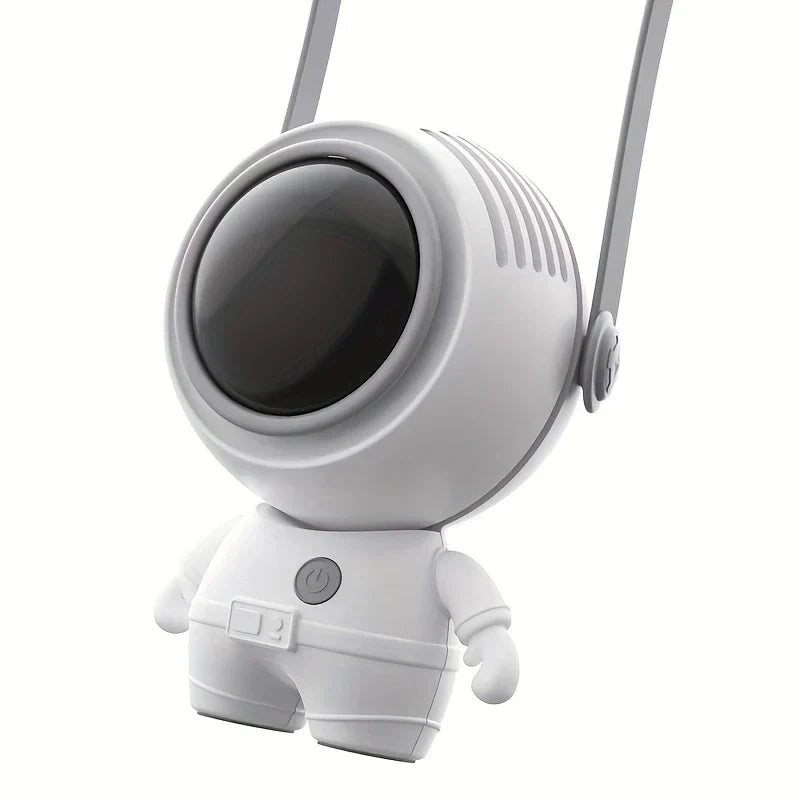 ventilador de cuello sin aspas - Ventilador portátil con forma de astronauta blanco con cordón para colgar, vista frontal en ángulo