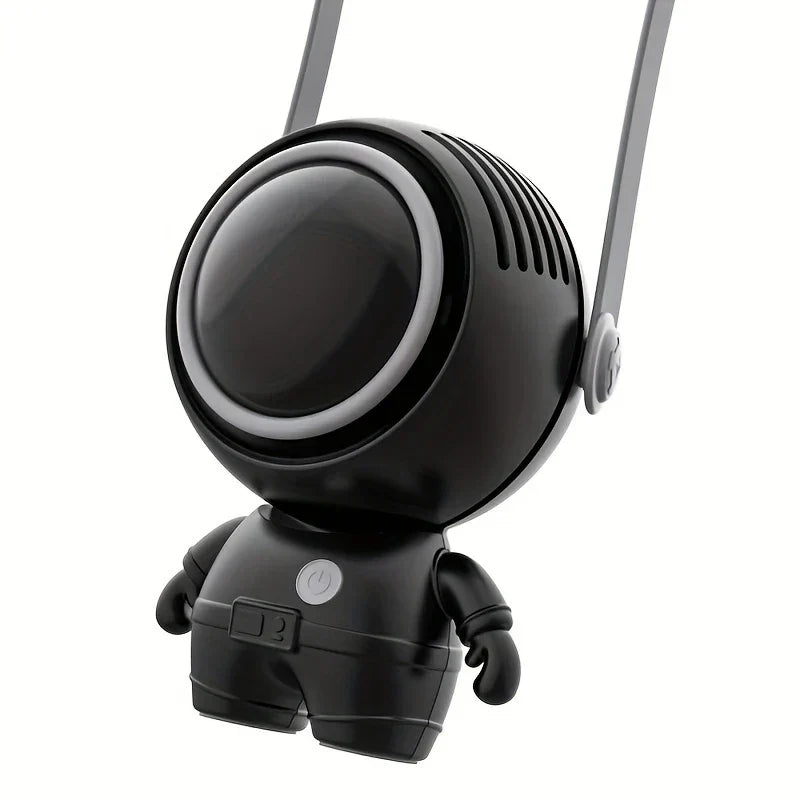 ventilador de cuello sin aspas - Ventilador colgante negro con forma de astronauta con correa de cordón gris, botón de encendido en el torso, rejillas de ventilación en el lateral del casco
