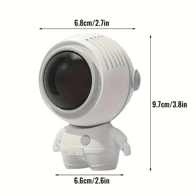 ventilador de cuello sin aspas - Ventilador con forma de astronauta con etiquetas de dimensiones: 6,8 cm/2,7 pulgadas de ancho, 9,7 cm/3,8 pulgadas de alto, 6,6 cm/2,6 pulgadas de ancho de base