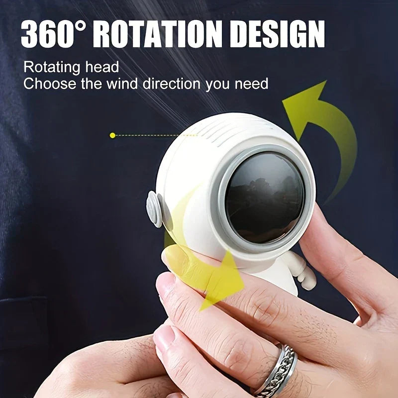 ventilador de cuello sin aspas - Mano sosteniendo un ventilador con forma de astronauta con texto de diseño de rotación de 360°, flechas que muestran la rotación de la cabeza