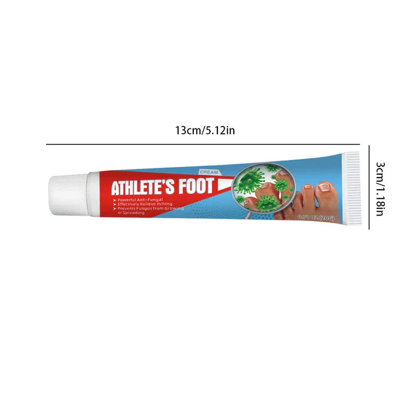 Athlete's Foot Ointment - Horizontal athlete's foot cream tube with red and blue labeling, magnified fungus graphic over foot illustration, and length/height dimension labels.