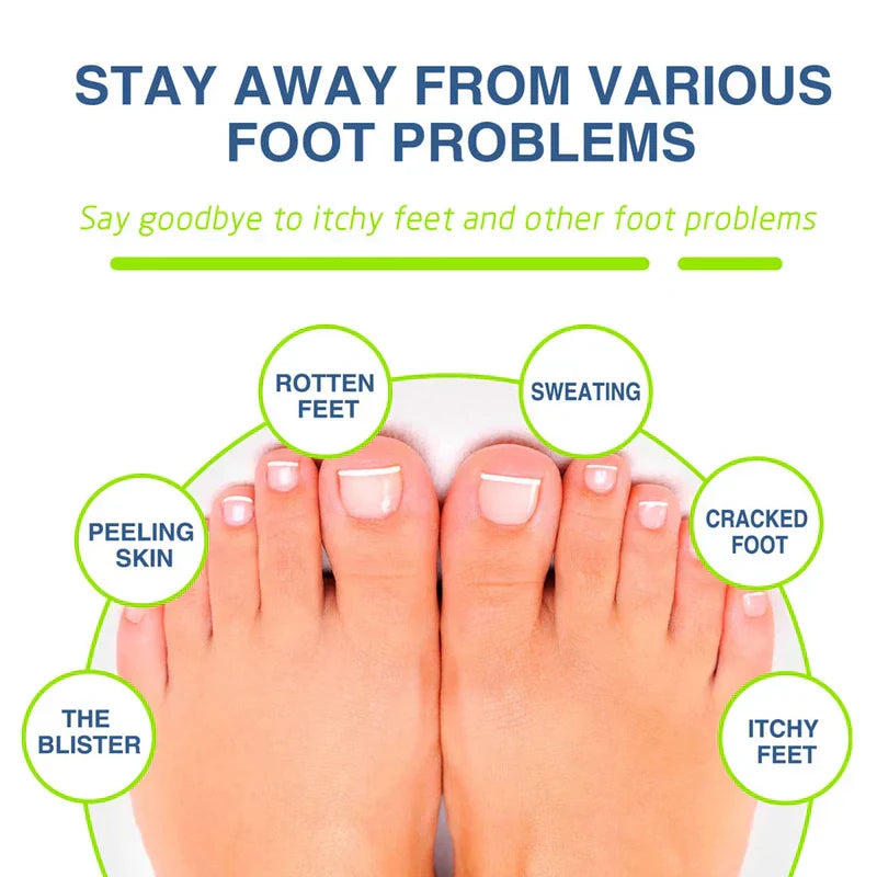 Athlete's Foot Ointment - Pair of clean feet surrounded by six circular labels for various foot problems: rotten feet, sweating, cracked foot, itchy feet, blister, peeling skin.