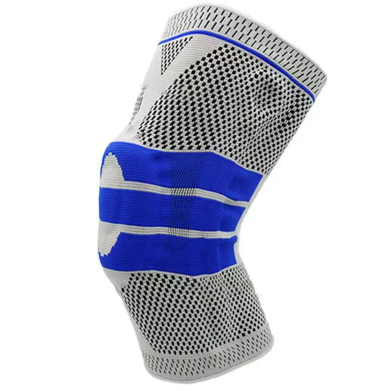 Knee Support Sleeve - Gray and blue knit compression sleeve front view on white background