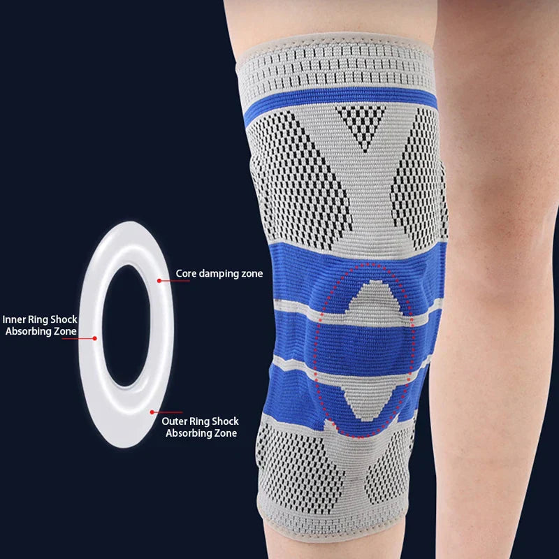 Knee Support Sleeve - Compression sleeve on leg with labeled support zone diagram