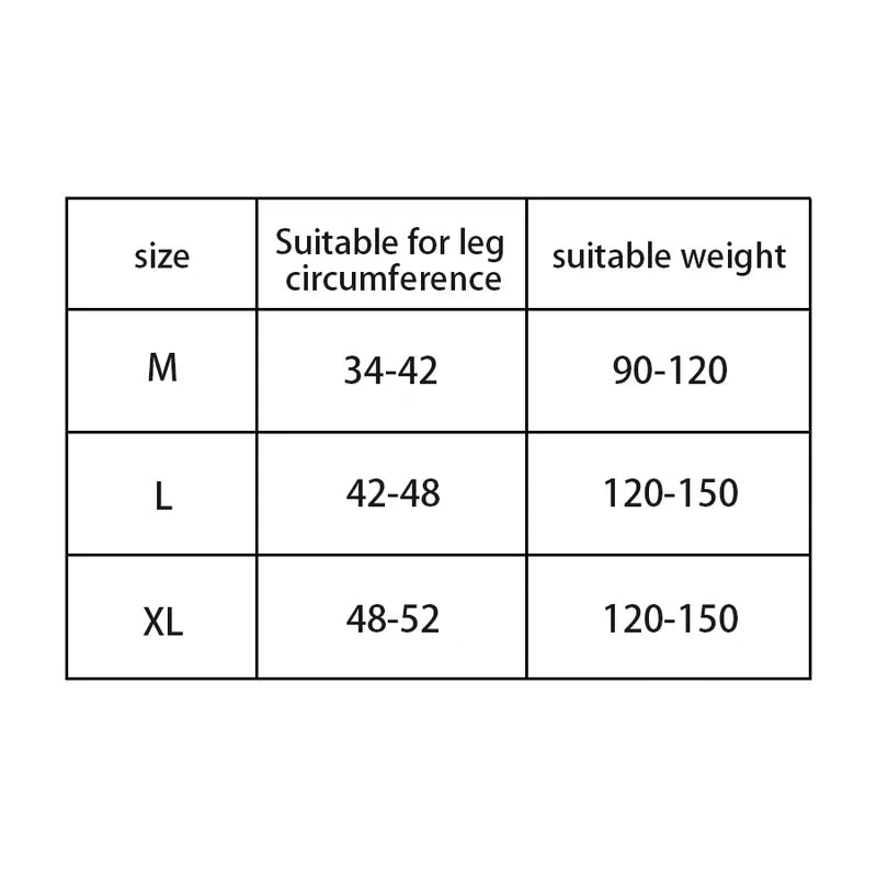 Knee Support Sleeve - Knee brace sizing table with three size rows, listing leg circumference and suitable weight ranges.