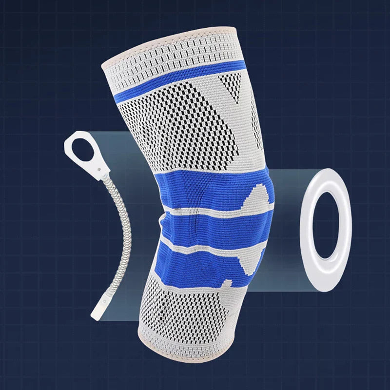 kompressions bandage knie - Kniebandage neben einem Federstützteil und einem runden Silikonring vor dunklem Rasterhintergrund