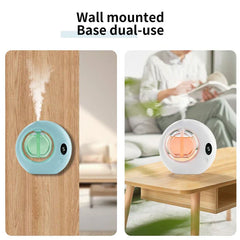 Aerosol Air Freshener Dispenser - Wall-mounted and tabletop aerosol air freshener dispensers, one light blue on wood wall, one white on wooden table, both misting