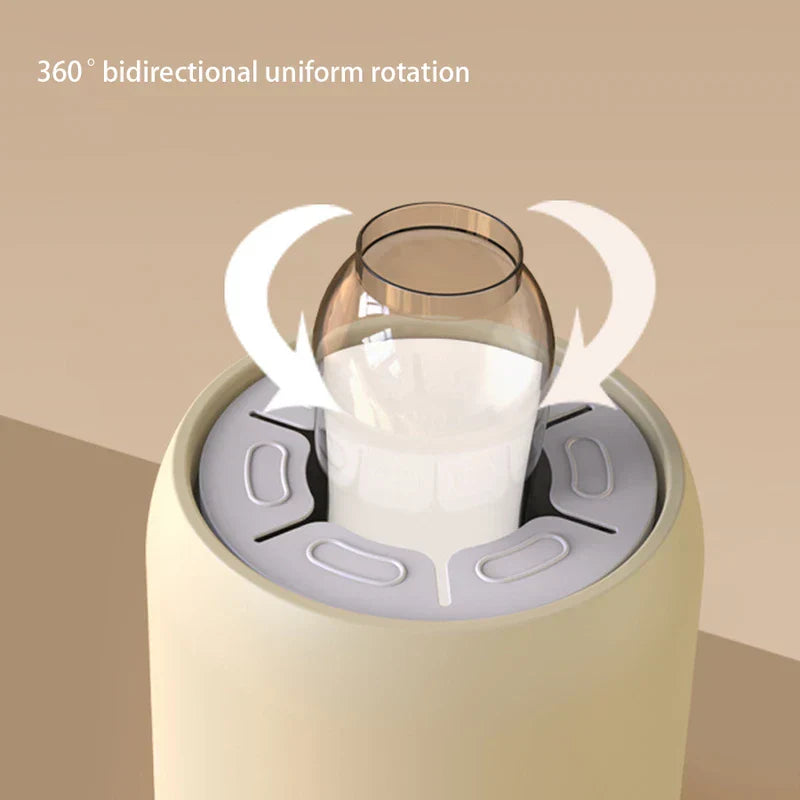 Milk Shaker - Baby bottle with milk sits in the device's slotted top, with arrows showing 360° bidirectional rotation.