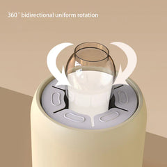 Milk Shaker - Baby bottle with milk sits in the device's slotted top, with arrows showing 360° bidirectional rotation.