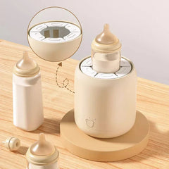 Milk Shaker - Beige baby bottle shaker on wooden surface with multiple bottles, close-up of its top insert circled