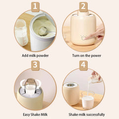 Milk Shaker - Four-step infographic showing adding formula, powering on, shaking milk, and pouring the finished milk