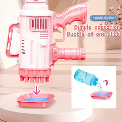 Bubble Machine - Pink automatic blower toy with solution tray, one-click operation infographic