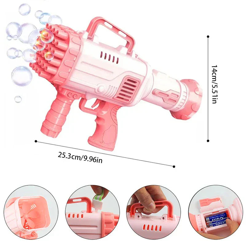Bubble Machine - Pink and white 32-hole bubble gun with dimensions, and four close-up insets of internal fan, parts, handle, and battery compartment.