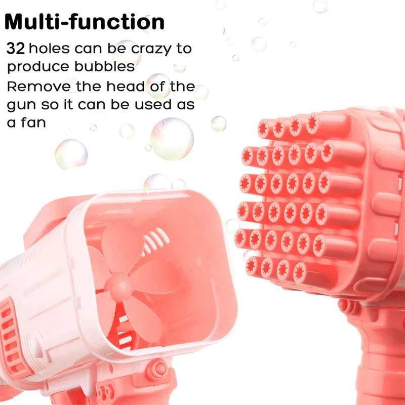 Bubble Machine - Text stating multi-function 32-hole bubble production and fan use, with views of bubble gun head and internal fan.