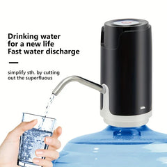 Water Pump Dispenser - An electric water pump on a blue water jug dispenses water into a glass held by a hand, with text about fast water discharge