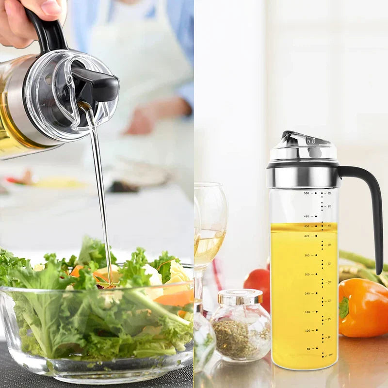 Left: auto flip oil dispenser pouring oil into salad bowl; right: full auto flip oil dispenser with measurement markings on counter