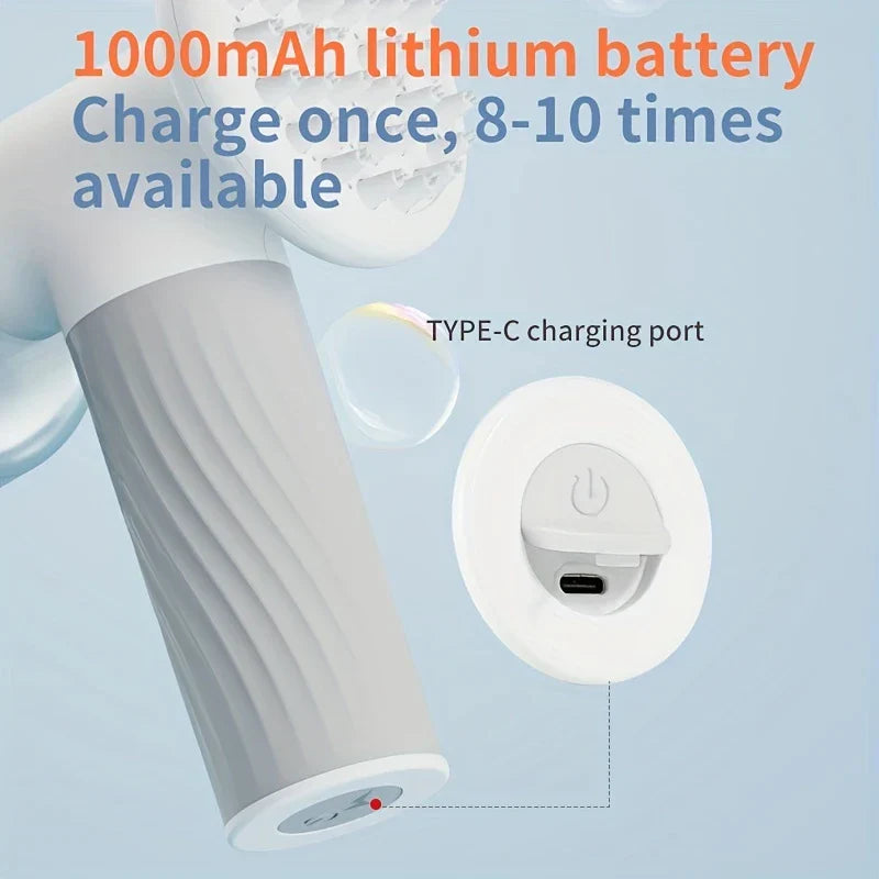 cepillo dispensador de baño espumoso automático para mascotas - cepillo de mano blanco y gris para mascotas con puerto de carga Tipo-C mostrado junto a texto sobre batería de 1000mAh