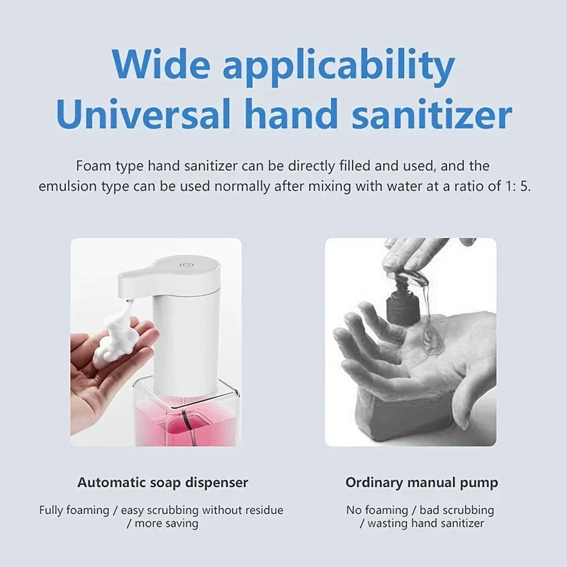 Split comparison of automatic foaming soap dispenser and manual soap pump, with text about hand sanitizer applicability