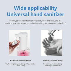 Split comparison of automatic foaming soap dispenser and manual soap pump, with text about hand sanitizer applicability