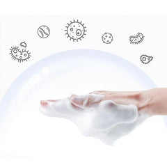Soap Dispenser - Hand covered in white soap foam, with line-drawn germ illustrations above a light blue curved shape